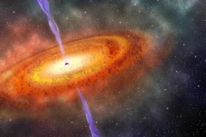 A glowing red-orange accretion disk surrounds a black hole which emits two purple jets into space.