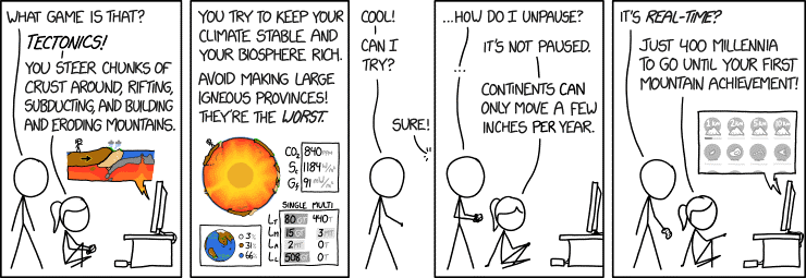 A comic where one person is playing a tectonics video game, which occurs in real-time.
