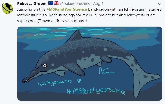 Greyish blue aquatic dinosaur, similar in shape to bottlenose dolphim, on blue ocean background in MS paint. Text reads 