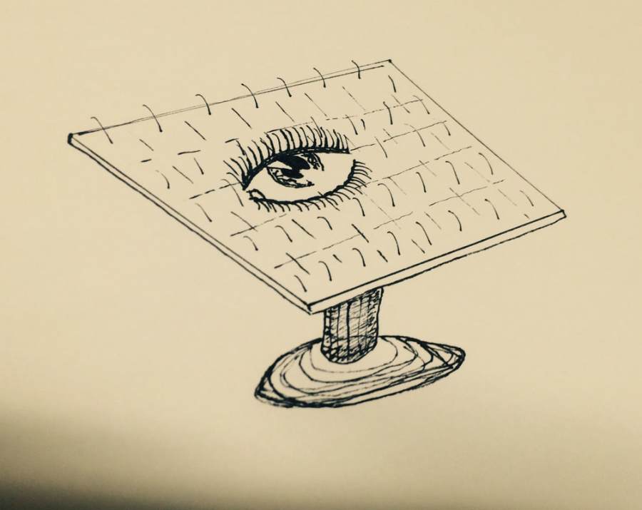 Hand-drawn sketch of a solar panel with a big eye (with lots of eyelashes) open in the middle of the solar panel.