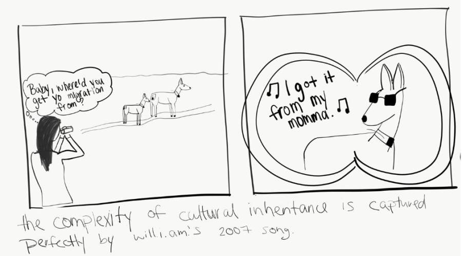 Left: a woman observing 2 deer, with a speech bubble saying, “Baby, where’d you get yo migration from?” Right: close-up of a deer singing “I got it from my momma.”