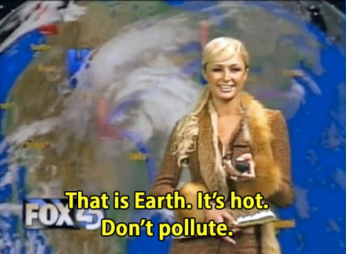 Celebrity Paris Hilton is depicted in front of a Fox News weather forecast screen showing a hurricane developing over the U.S. east coast. The text over top of the image reads, 