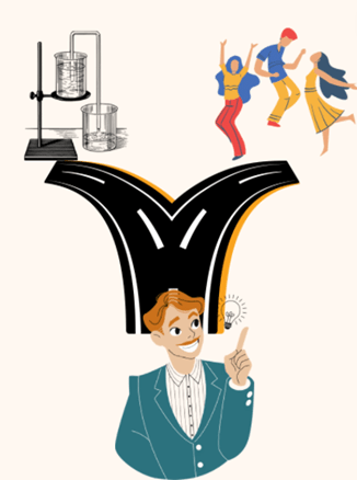 A person points toward a light bub, and from their head, a two-way road splits toward chemistry equipment (one branch) and people dancing (other branch).