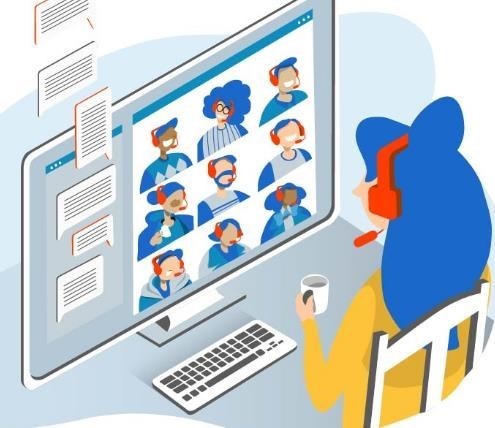 Image of woman watching zoom meeting on computer.  Womanis drinking coffee, wearing headphones and has blue hair.  A scroll of chats floats out of the top left of the image. In the image, 9 other people are shown on the zoom call on the computer screen.  