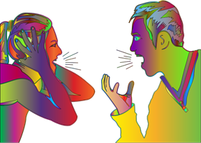 A colorful image of two people arguing. One person holds their hands over their ears as the other gestures while yelling.